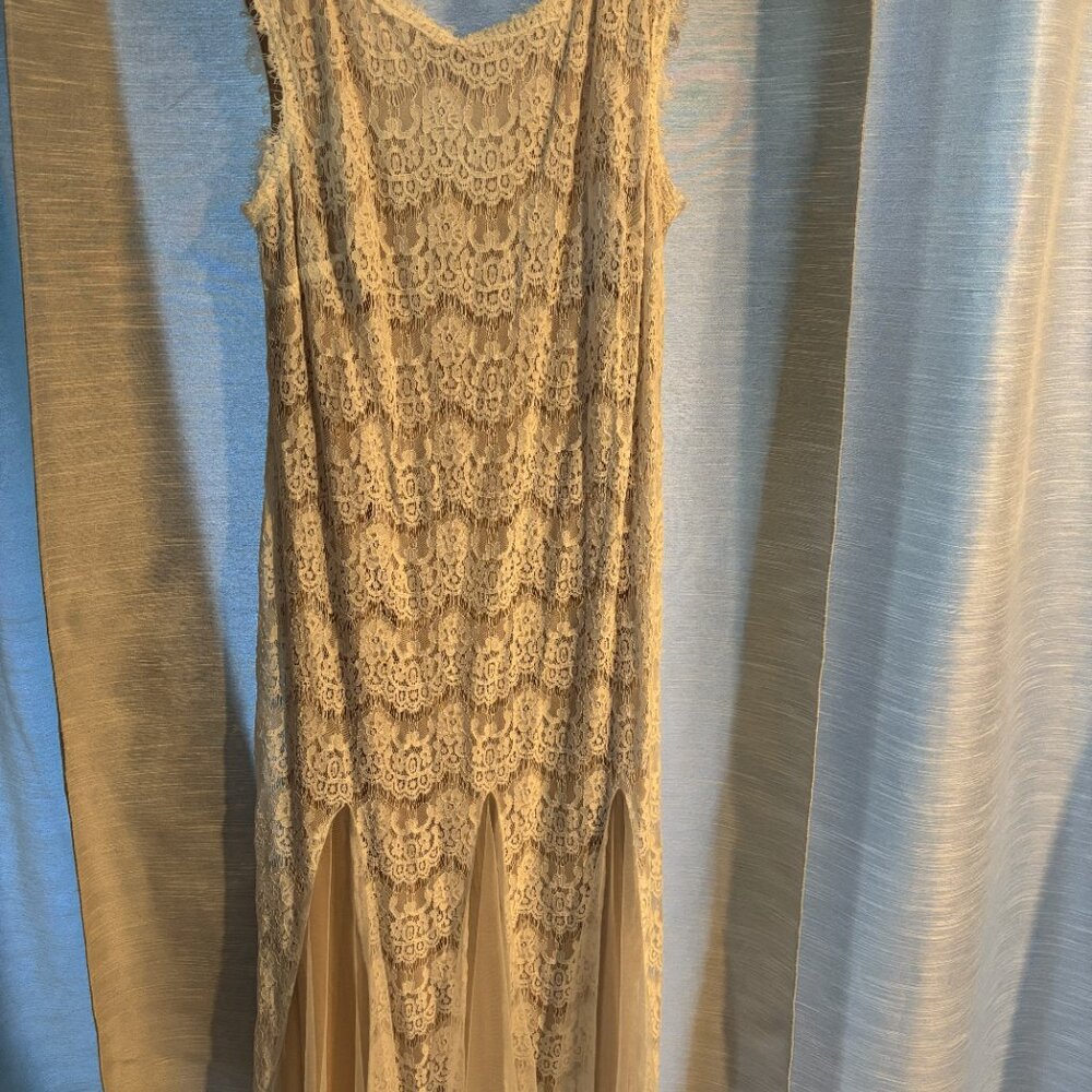 Betsy Adams Plus Size 22W Lace Formal Gown Champagne
